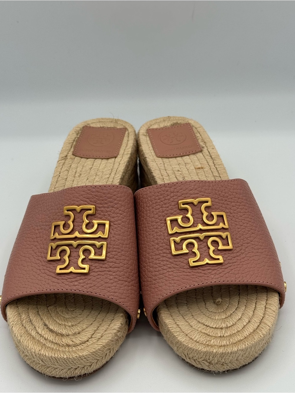 Tory Burch Britten Espadrille Leather Slide Sandals Mules Pink Moon Gold Logo - Picture 2 of 13